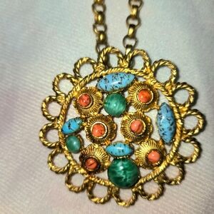 Juliana D&E  Book Piece Turquoise Blue, Coral & Jade Green Cabochon Necklace